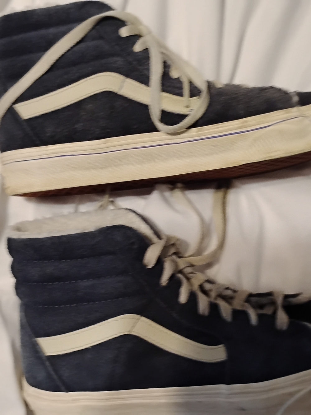 Vans Navy Suede High-Top Sneakers with Cream Stripe Fleece Lined